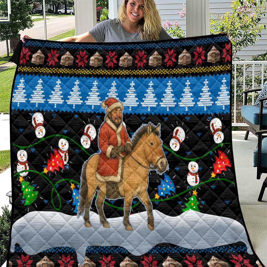 Mongolia Christmas Quilt with Santa Riding Horse Snowmen Yurts and Winter Holiday - Wonder Print Shop