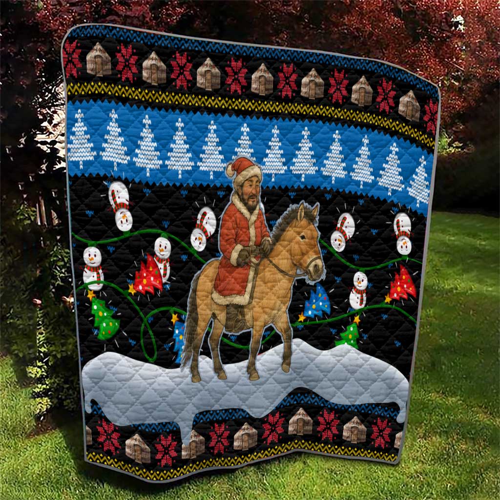 Mongolia Christmas Quilt with Santa Riding Horse Snowmen Yurts and Winter Holiday - Wonder Print Shop