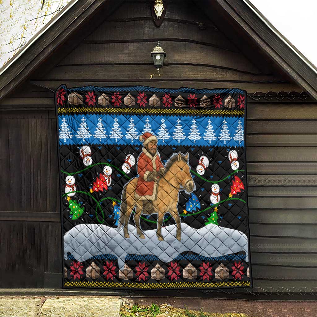Mongolia Christmas Quilt with Santa Riding Horse Snowmen Yurts and Winter Holiday - Wonder Print Shop