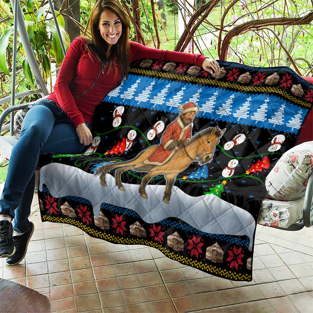 Mongolia Christmas Quilt with Santa Riding Horse Snowmen Yurts and Winter Holiday - Wonder Print Shop