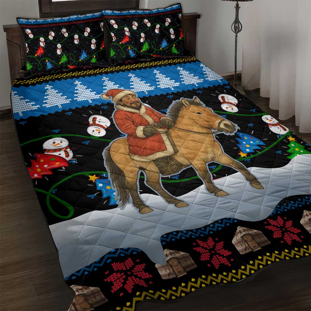 Mongolia Christmas Quilt Bed Set with Santa Riding Horse Snowmen Yurts and Winter Holiday - Wonder Print Shop