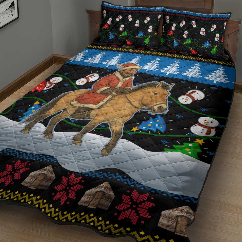 Mongolia Christmas Quilt Bed Set with Santa Riding Horse Snowmen Yurts and Winter Holiday - Wonder Print Shop