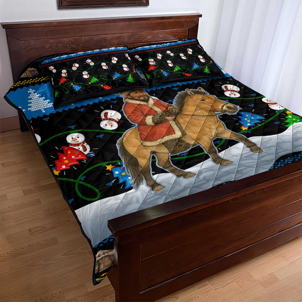 Mongolia Christmas Quilt Bed Set with Santa Riding Horse Snowmen Yurts and Winter Holiday - Wonder Print Shop