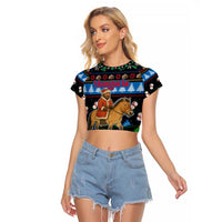 Mongolia Christmas Raglan Cropped T Shirt with Santa Riding Horse Snowmen Yurts and Winter Holiday - Wonder Print Shop