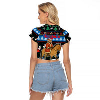 Mongolia Christmas Raglan Cropped T Shirt with Santa Riding Horse Snowmen Yurts and Winter Holiday - Wonder Print Shop