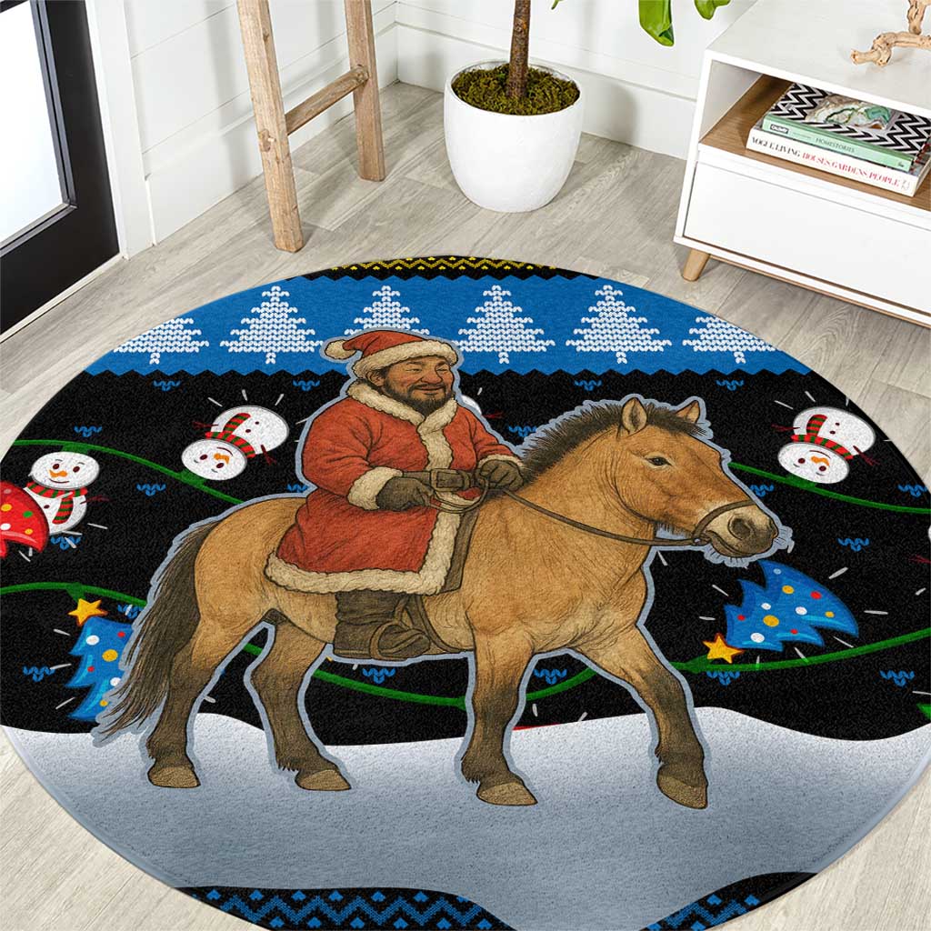 Mongolia Christmas Round Carpet with Santa Riding Horse Snowmen Yurts and Winter Holiday - Wonder Print Shop