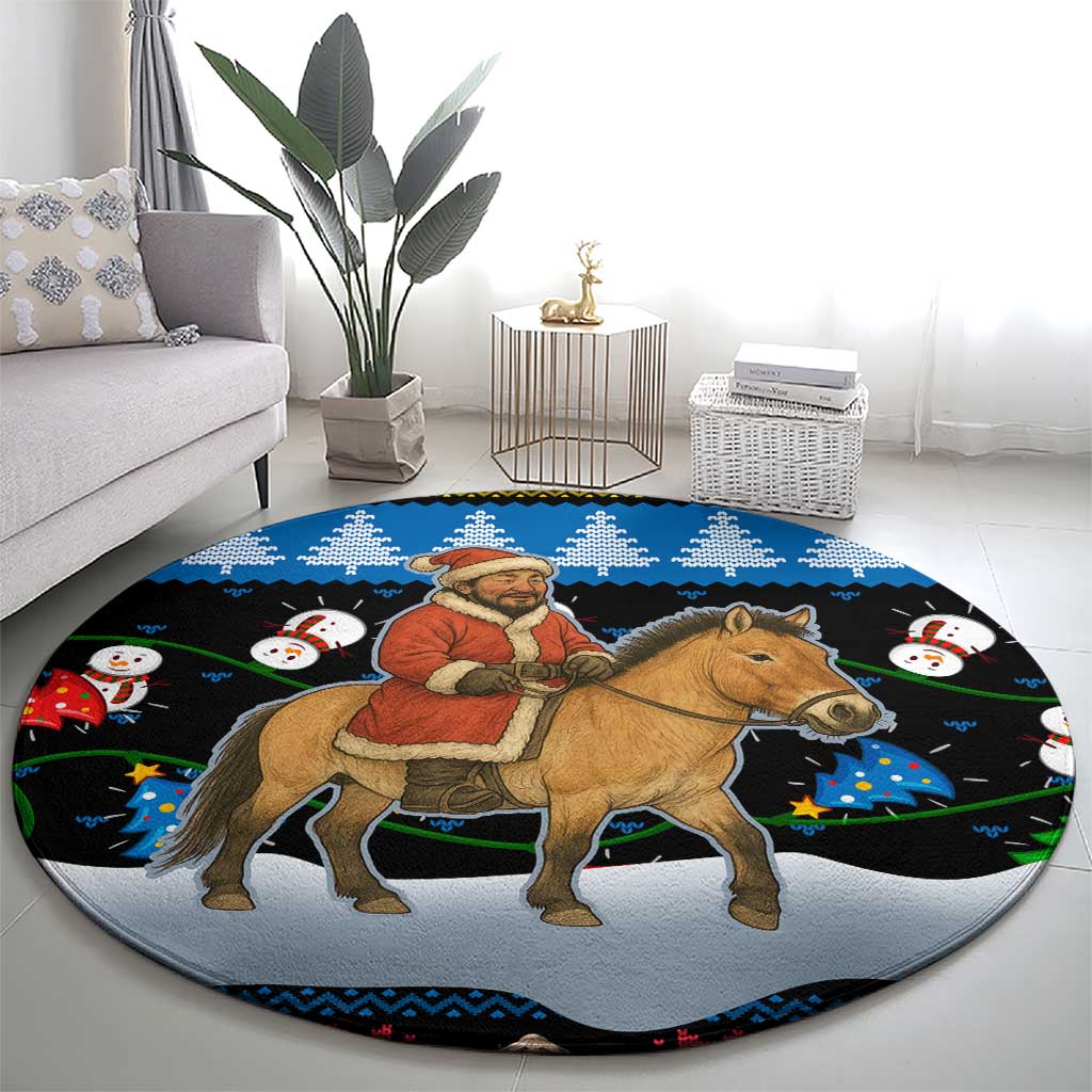 Mongolia Christmas Round Carpet with Santa Riding Horse Snowmen Yurts and Winter Holiday - Wonder Print Shop