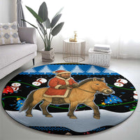 Mongolia Christmas Round Carpet with Santa Riding Horse Snowmen Yurts and Winter Holiday - Wonder Print Shop