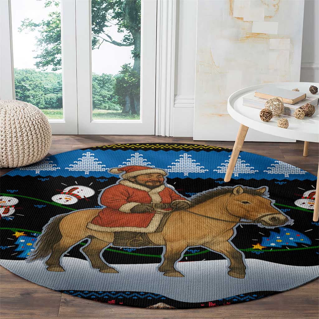 Mongolia Christmas Round Carpet with Santa Riding Horse Snowmen Yurts and Winter Holiday - Wonder Print Shop