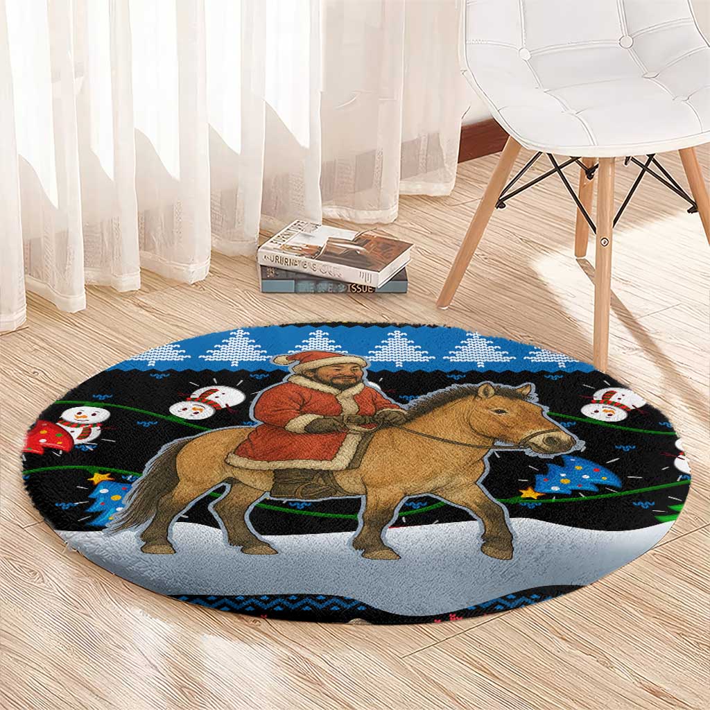 Mongolia Christmas Round Carpet with Santa Riding Horse Snowmen Yurts and Winter Holiday - Wonder Print Shop