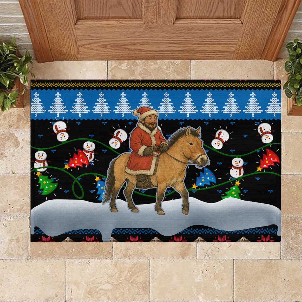 Mongolia Christmas Rubber Doormat with Santa Riding Horse Snowmen Yurts and Winter Holiday - Wonder Print Shop
