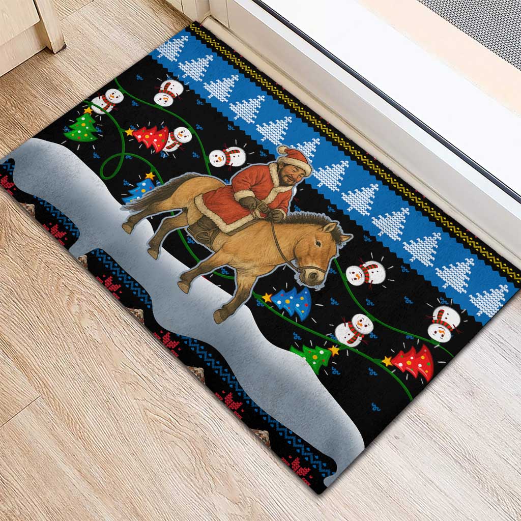 Mongolia Christmas Rubber Doormat with Santa Riding Horse Snowmen Yurts and Winter Holiday - Wonder Print Shop