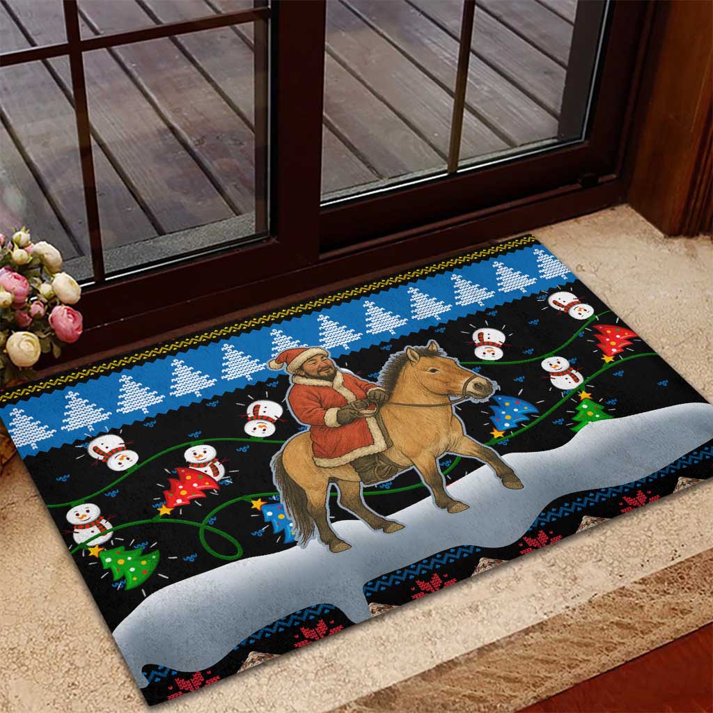 Mongolia Christmas Rubber Doormat with Santa Riding Horse Snowmen Yurts and Winter Holiday - Wonder Print Shop