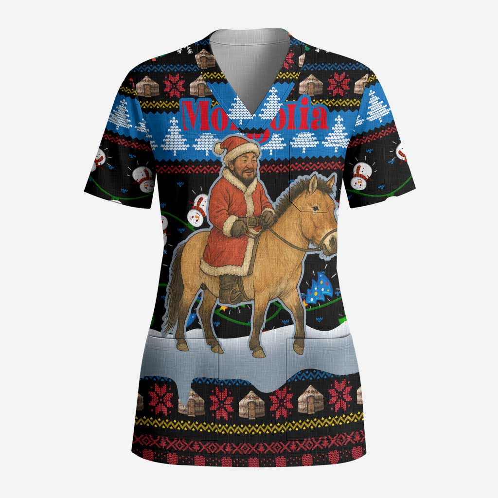 Mongolia Christmas Scrub Top with Santa Riding Horse Snowmen Yurts and Winter Holiday - Wonder Print Shop