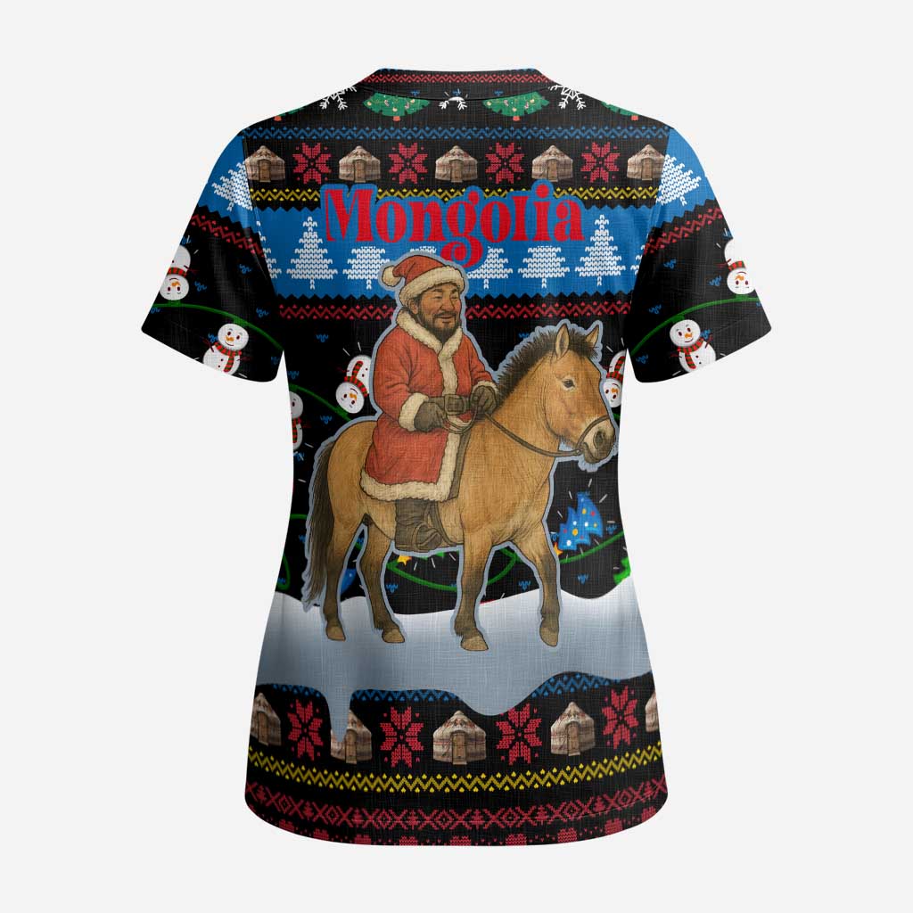 Mongolia Christmas Scrub Top with Santa Riding Horse Snowmen Yurts and Winter Holiday - Wonder Print Shop
