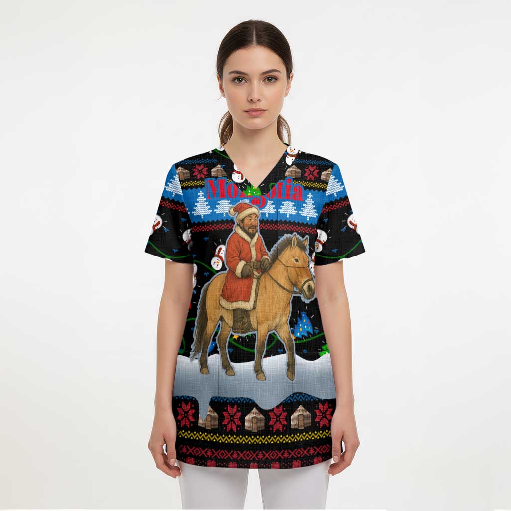 Mongolia Christmas Scrub Top with Santa Riding Horse Snowmen Yurts and Winter Holiday - Wonder Print Shop