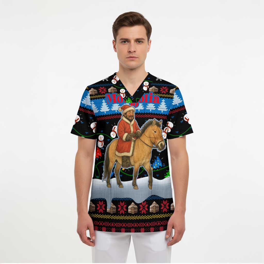 Mongolia Christmas Scrub Top with Santa Riding Horse Snowmen Yurts and Winter Holiday - Wonder Print Shop