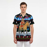 Mongolia Christmas Scrub Top with Santa Riding Horse Snowmen Yurts and Winter Holiday - Wonder Print Shop