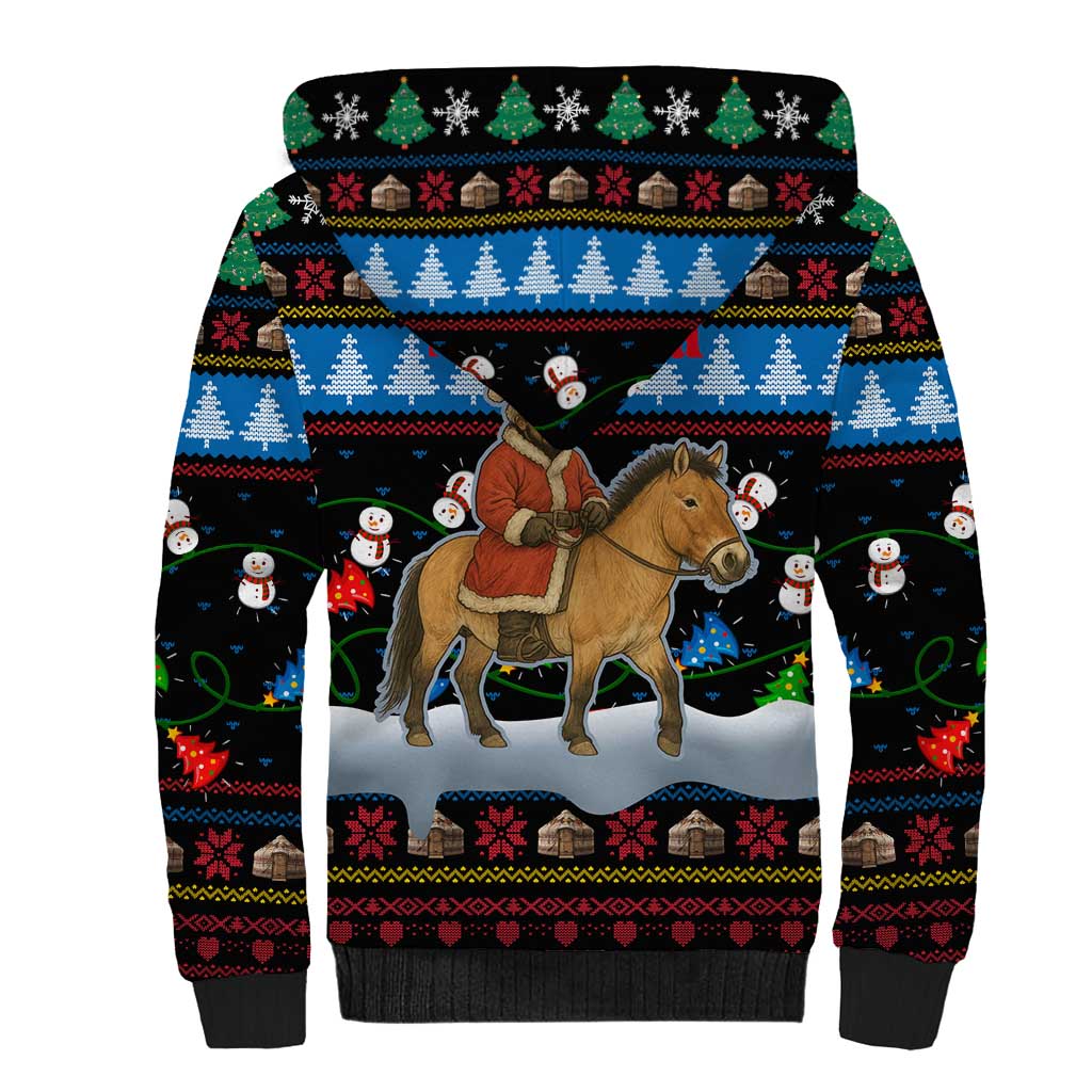 Mongolia Christmas Sherpa Hoodie with Santa Riding Horse Snowmen Yurts and Winter Holiday - Wonder Print Shop