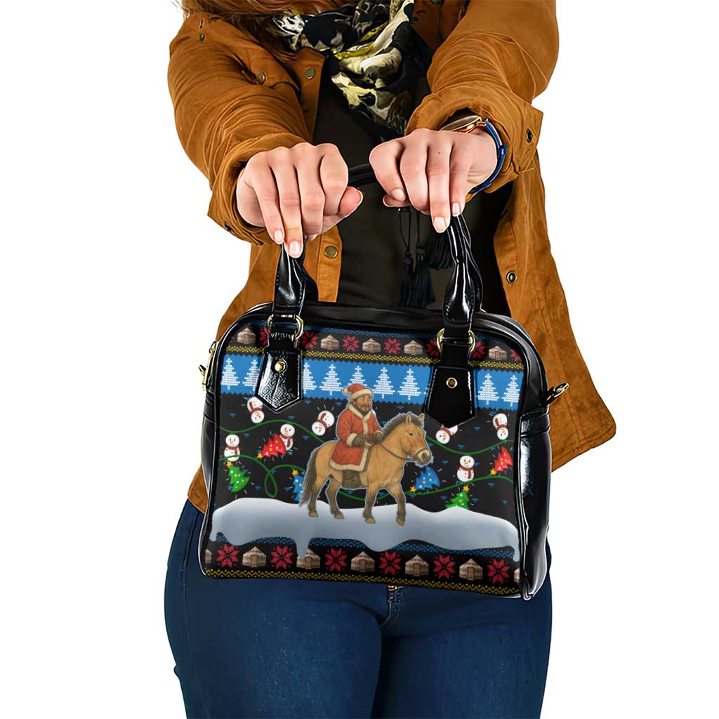 Mongolia Christmas Shoulder Handbag with Santa Riding Horse Snowmen Yurts and Winter Holiday - Wonder Print Shop