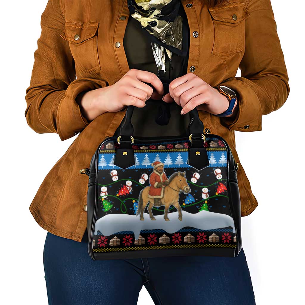 Mongolia Christmas Shoulder Handbag with Santa Riding Horse Snowmen Yurts and Winter Holiday - Wonder Print Shop