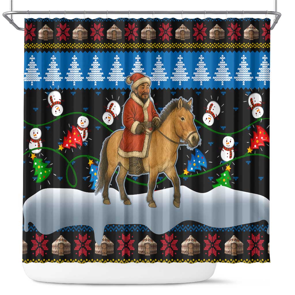 Mongolia Christmas Shower Curtain with Santa Riding Horse Snowmen Yurts and Winter Holiday - Wonder Print Shop