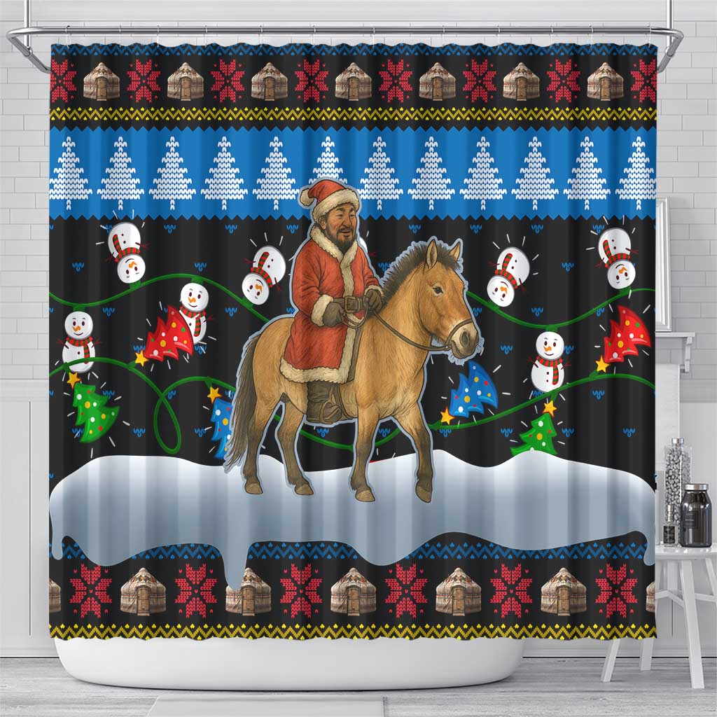 Mongolia Christmas Shower Curtain with Santa Riding Horse Snowmen Yurts and Winter Holiday - Wonder Print Shop