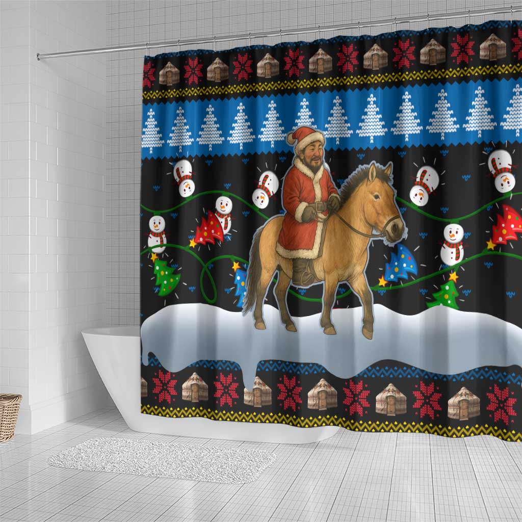 Mongolia Christmas Shower Curtain with Santa Riding Horse Snowmen Yurts and Winter Holiday - Wonder Print Shop