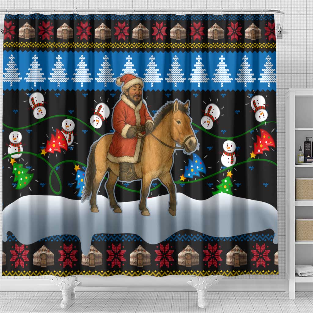 Mongolia Christmas Shower Curtain with Santa Riding Horse Snowmen Yurts and Winter Holiday - Wonder Print Shop