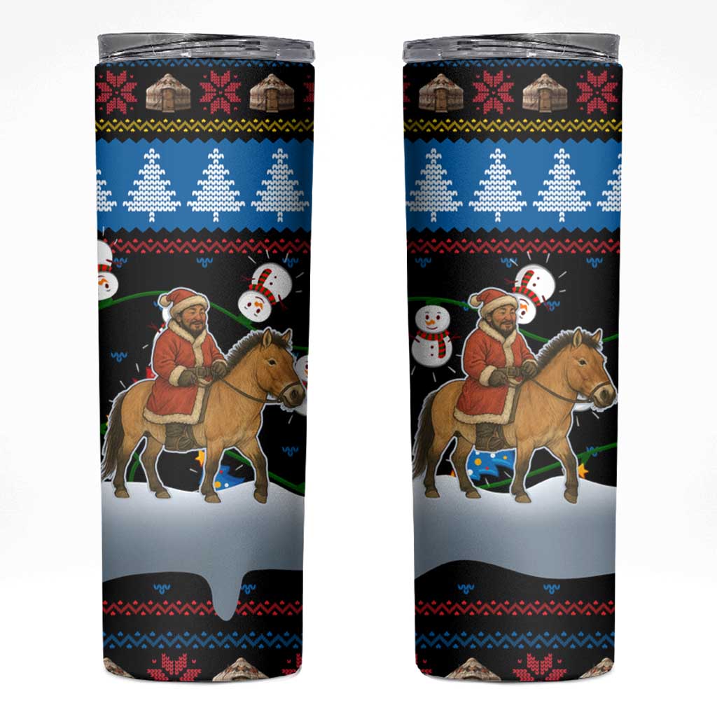 Mongolia Christmas Skinny Tumbler with Santa Riding Horse Snowmen Yurts and Winter Holiday - Wonder Print Shop