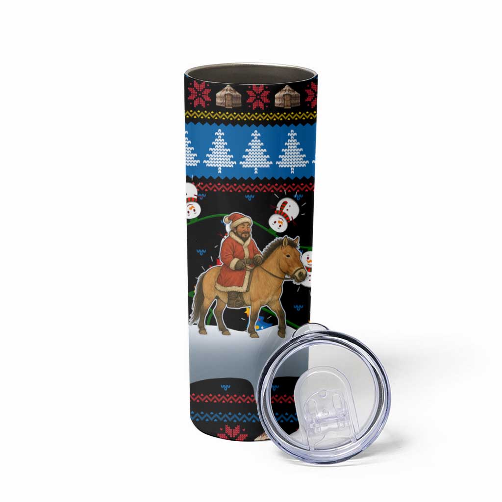Mongolia Christmas Skinny Tumbler with Santa Riding Horse Snowmen Yurts and Winter Holiday - Wonder Print Shop