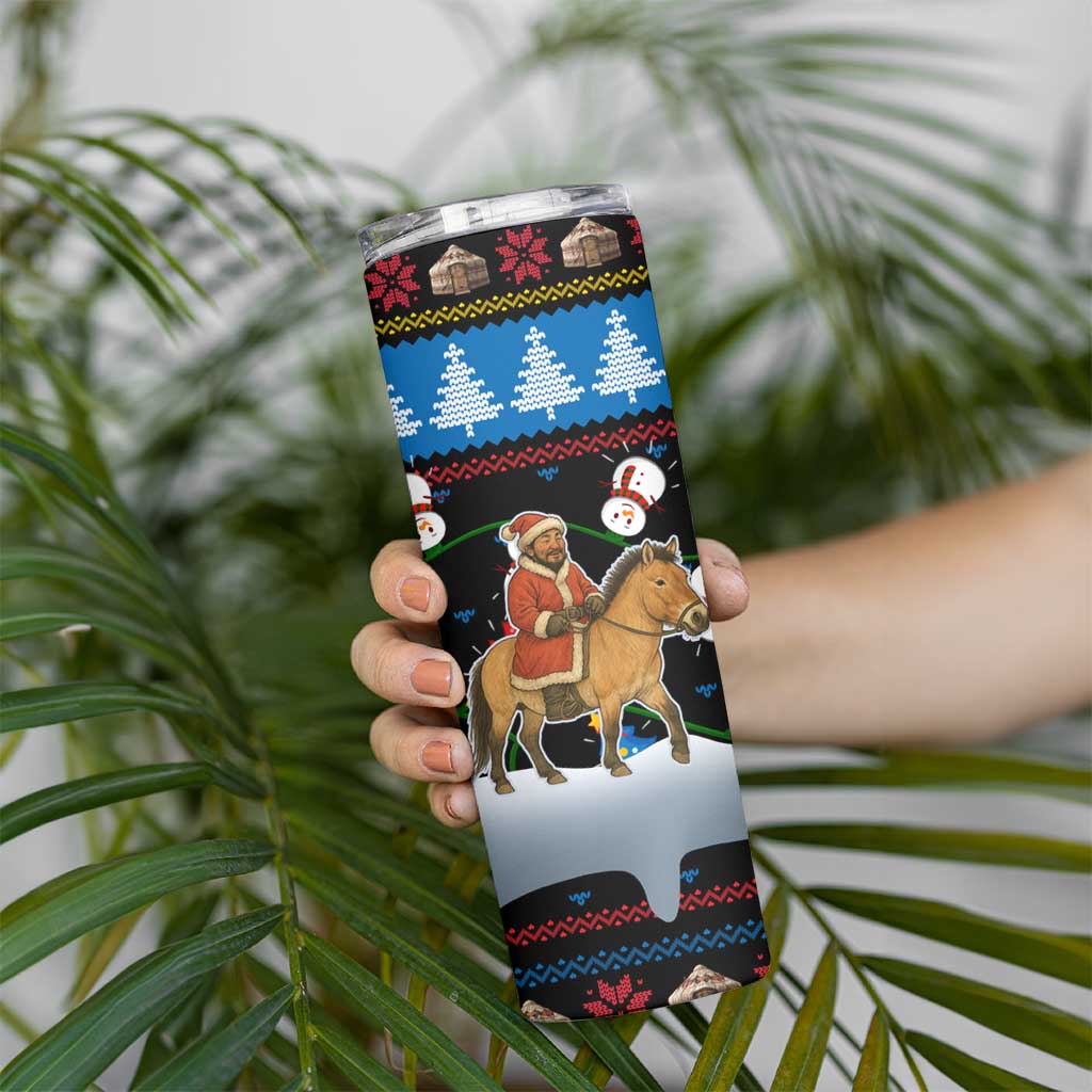 Mongolia Christmas Skinny Tumbler with Santa Riding Horse Snowmen Yurts and Winter Holiday - Wonder Print Shop