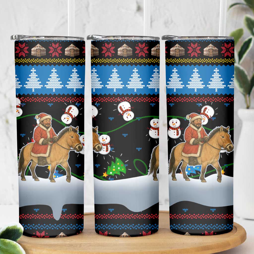 Mongolia Christmas Skinny Tumbler with Santa Riding Horse Snowmen Yurts and Winter Holiday - Wonder Print Shop