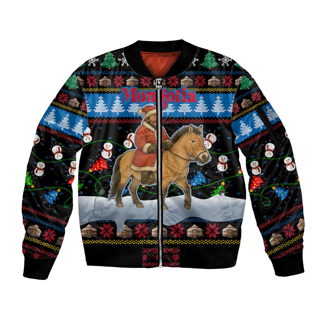 Mongolia Christmas Sleeve Zip Bomber Jacket with Santa Riding Horse Snowmen Yurts and Winter Holiday - Wonder Print Shop