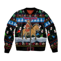 Mongolia Christmas Sleeve Zip Bomber Jacket with Santa Riding Horse Snowmen Yurts and Winter Holiday - Wonder Print Shop