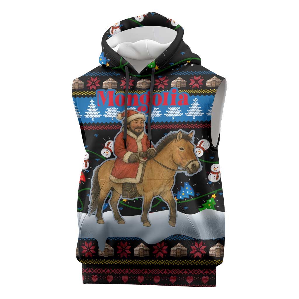 Mongolia Christmas Sleeveless Hoodie with Santa Riding Horse Snowmen Yurts and Winter Holiday - Wonder Print Shop