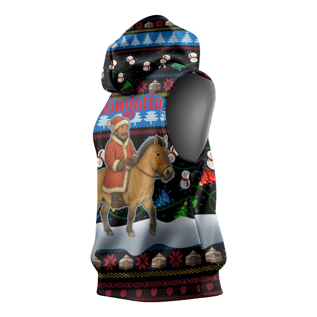 Mongolia Christmas Sleeveless Hoodie with Santa Riding Horse Snowmen Yurts and Winter Holiday - Wonder Print Shop