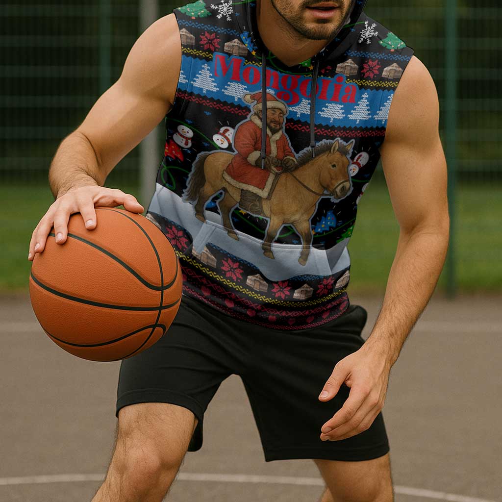 Mongolia Christmas Sleeveless Hoodie with Santa Riding Horse Snowmen Yurts and Winter Holiday - Wonder Print Shop