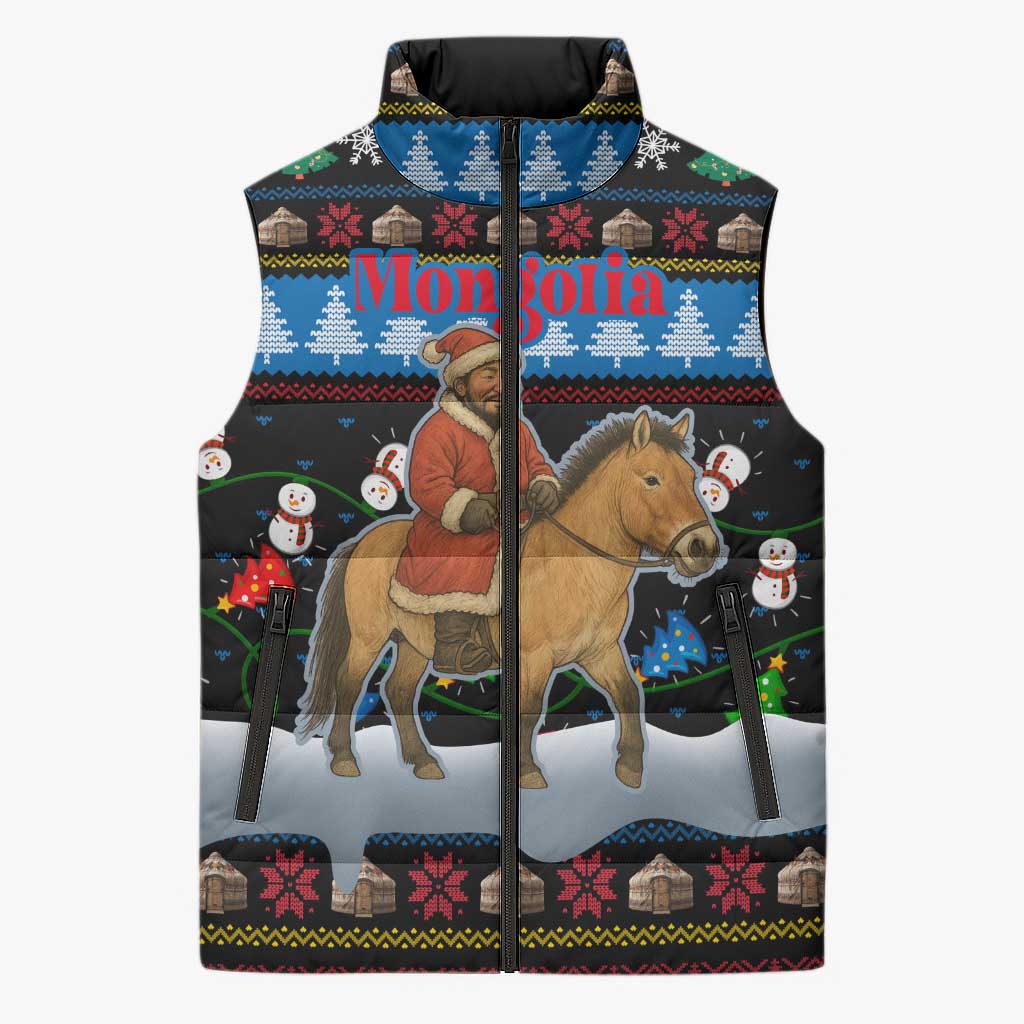 Mongolia Christmas Sleeveless Puffer Jacket with Santa Riding Horse Snowmen Yurts and Winter Holiday - Wonder Print Shop