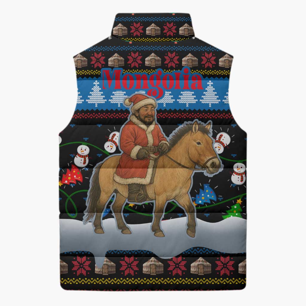 Mongolia Christmas Sleeveless Puffer Jacket with Santa Riding Horse Snowmen Yurts and Winter Holiday - Wonder Print Shop