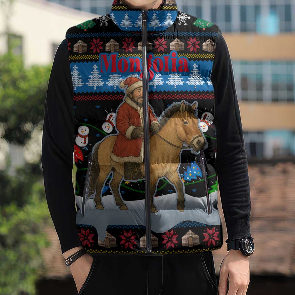 Mongolia Christmas Sleeveless Puffer Jacket with Santa Riding Horse Snowmen Yurts and Winter Holiday - Wonder Print Shop