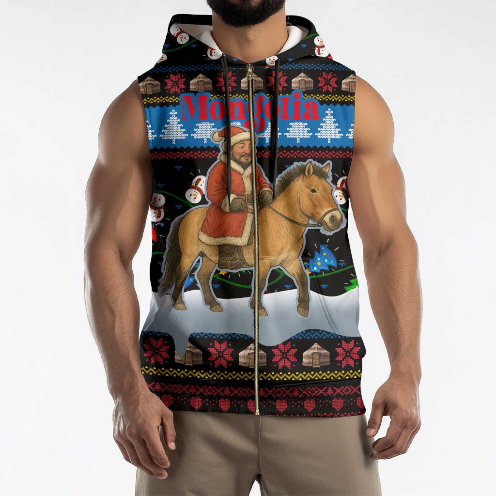 Mongolia Christmas Sleeveless Zip Hoodie with Santa Riding Horse Snowmen Yurts and Winter Holiday - Wonder Print Shop