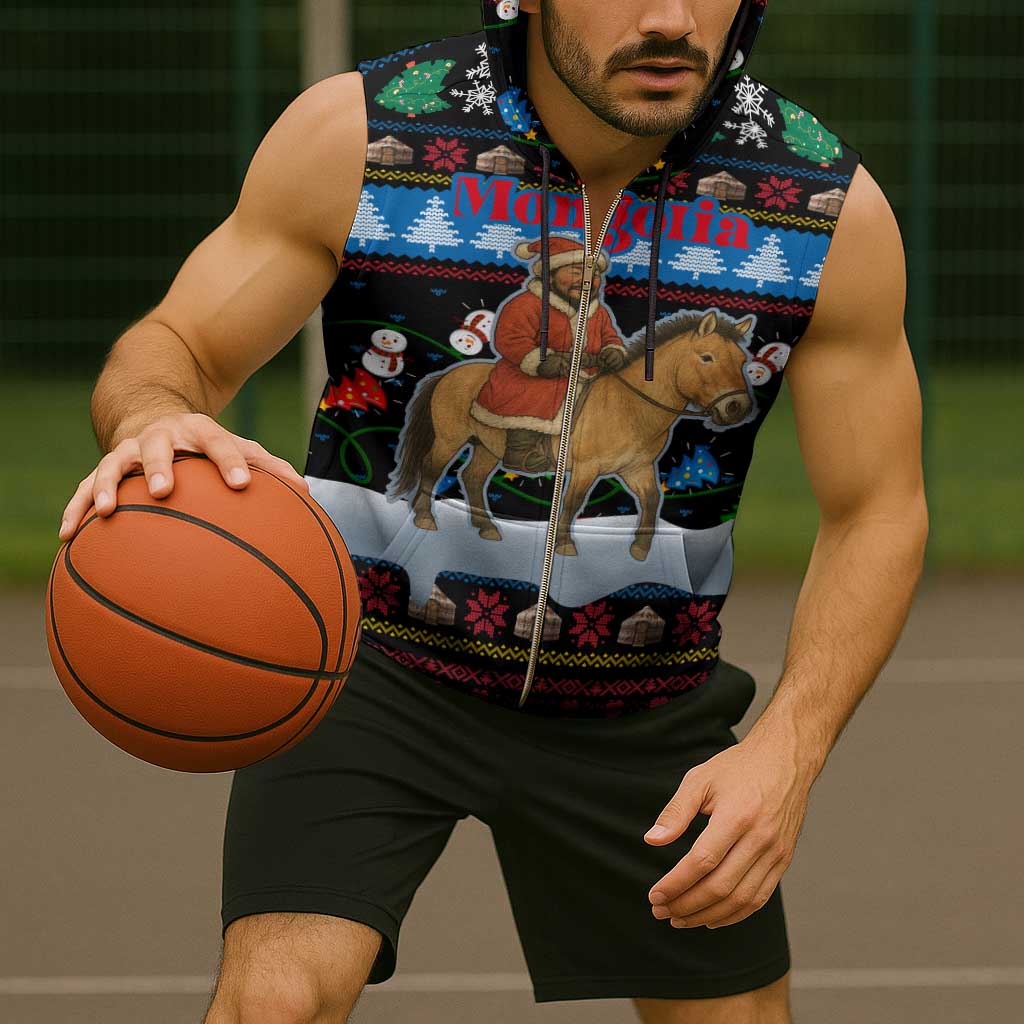 Mongolia Christmas Sleeveless Zip Hoodie with Santa Riding Horse Snowmen Yurts and Winter Holiday - Wonder Print Shop