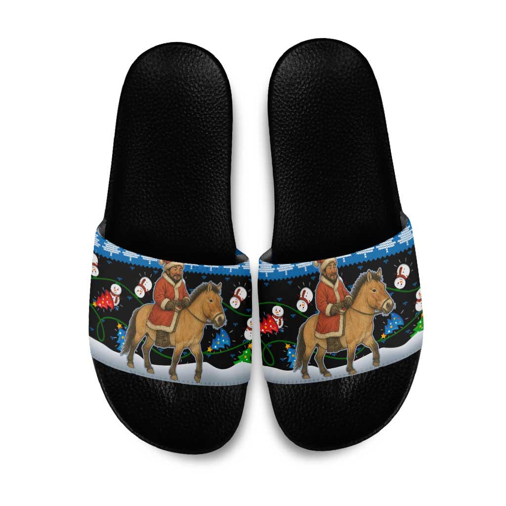 Mongolia Christmas Slide Sandals with Santa Riding Horse Snowmen Yurts and Winter Holiday - Wonder Print Shop