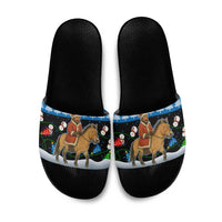 Mongolia Christmas Slide Sandals with Santa Riding Horse Snowmen Yurts and Winter Holiday - Wonder Print Shop