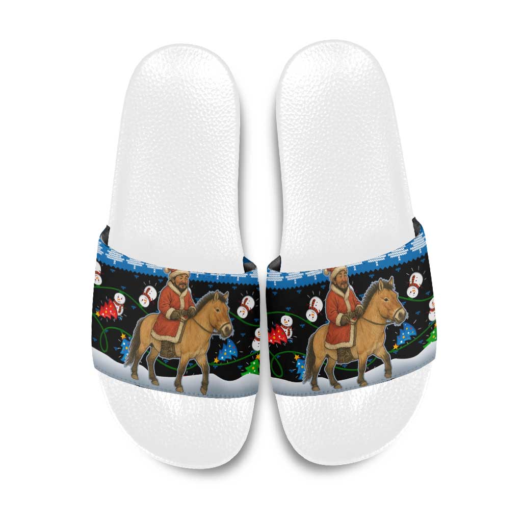 Mongolia Christmas Slide Sandals with Santa Riding Horse Snowmen Yurts and Winter Holiday - Wonder Print Shop