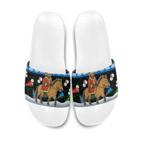 Mongolia Christmas Slide Sandals with Santa Riding Horse Snowmen Yurts and Winter Holiday - Wonder Print Shop