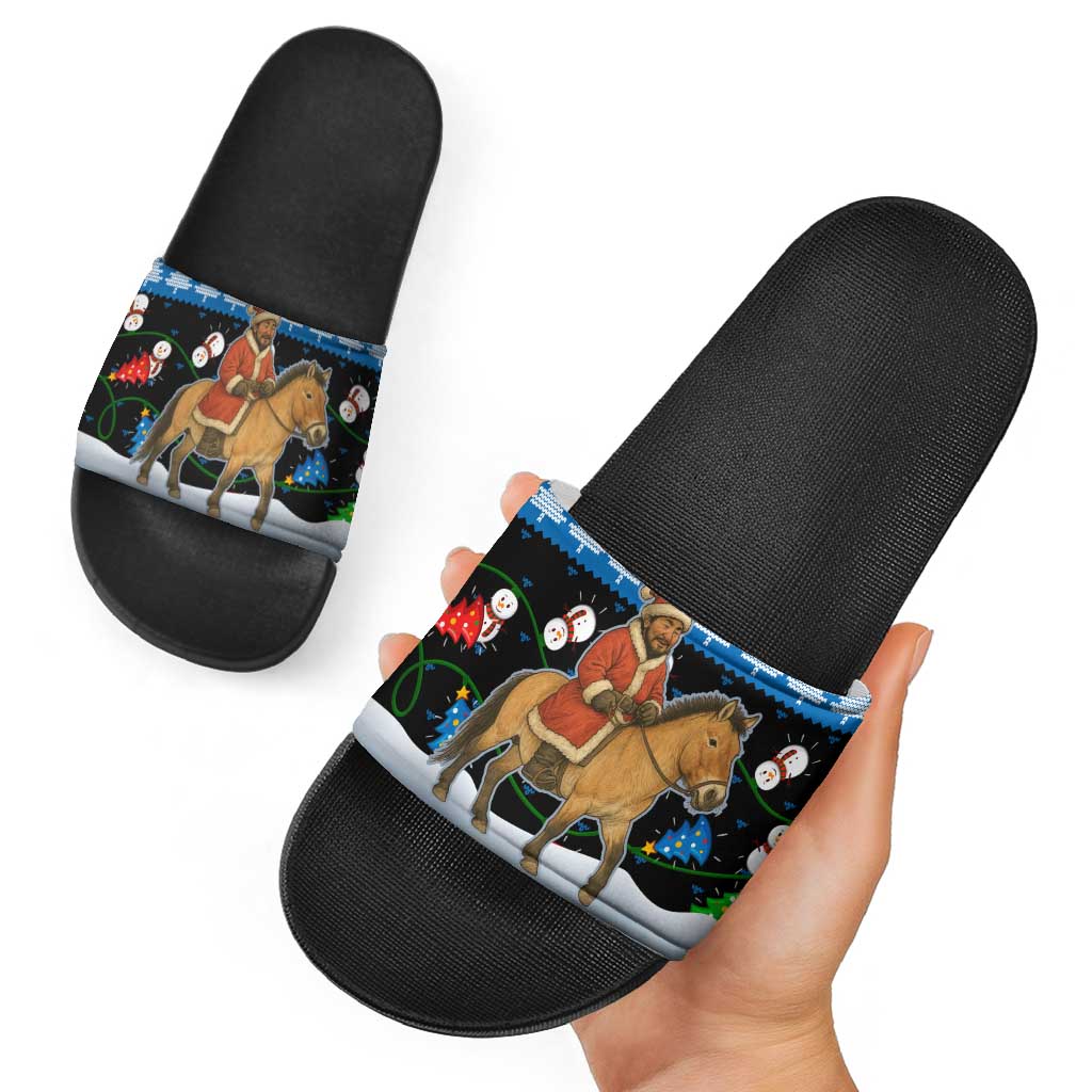 Mongolia Christmas Slide Sandals with Santa Riding Horse Snowmen Yurts and Winter Holiday - Wonder Print Shop