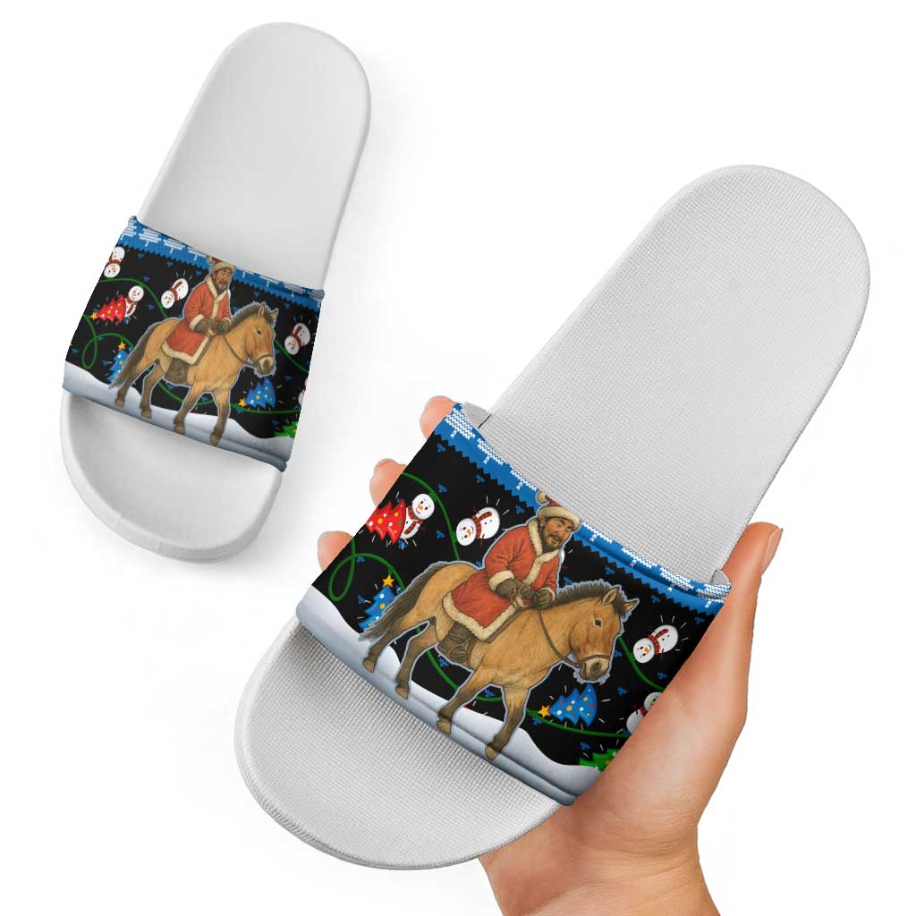 Mongolia Christmas Slide Sandals with Santa Riding Horse Snowmen Yurts and Winter Holiday - Wonder Print Shop