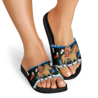 Mongolia Christmas Slide Sandals with Santa Riding Horse Snowmen Yurts and Winter Holiday - Wonder Print Shop
